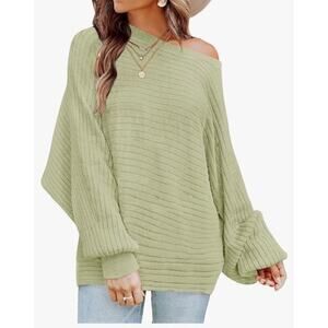 Women's Oversized Crew Neck Pullover Sweater, Batwing Puff Long Sleeve, Small